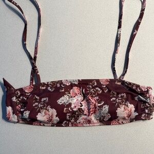 Floral Tie-Up Bandeau Bikini Top Red/Brownish Color w/ Pink and White Floral
